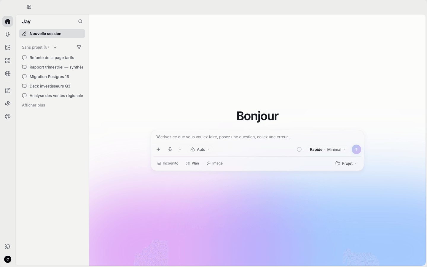 Jay, votre AI Studio : une barre de demande et vos sessions de travail réunies